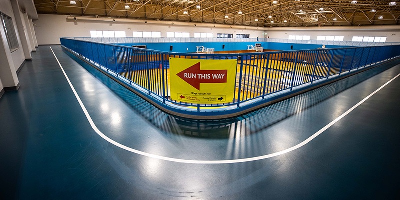 Indoor Upstairs Track2 lanes  10 laps equal a mile.